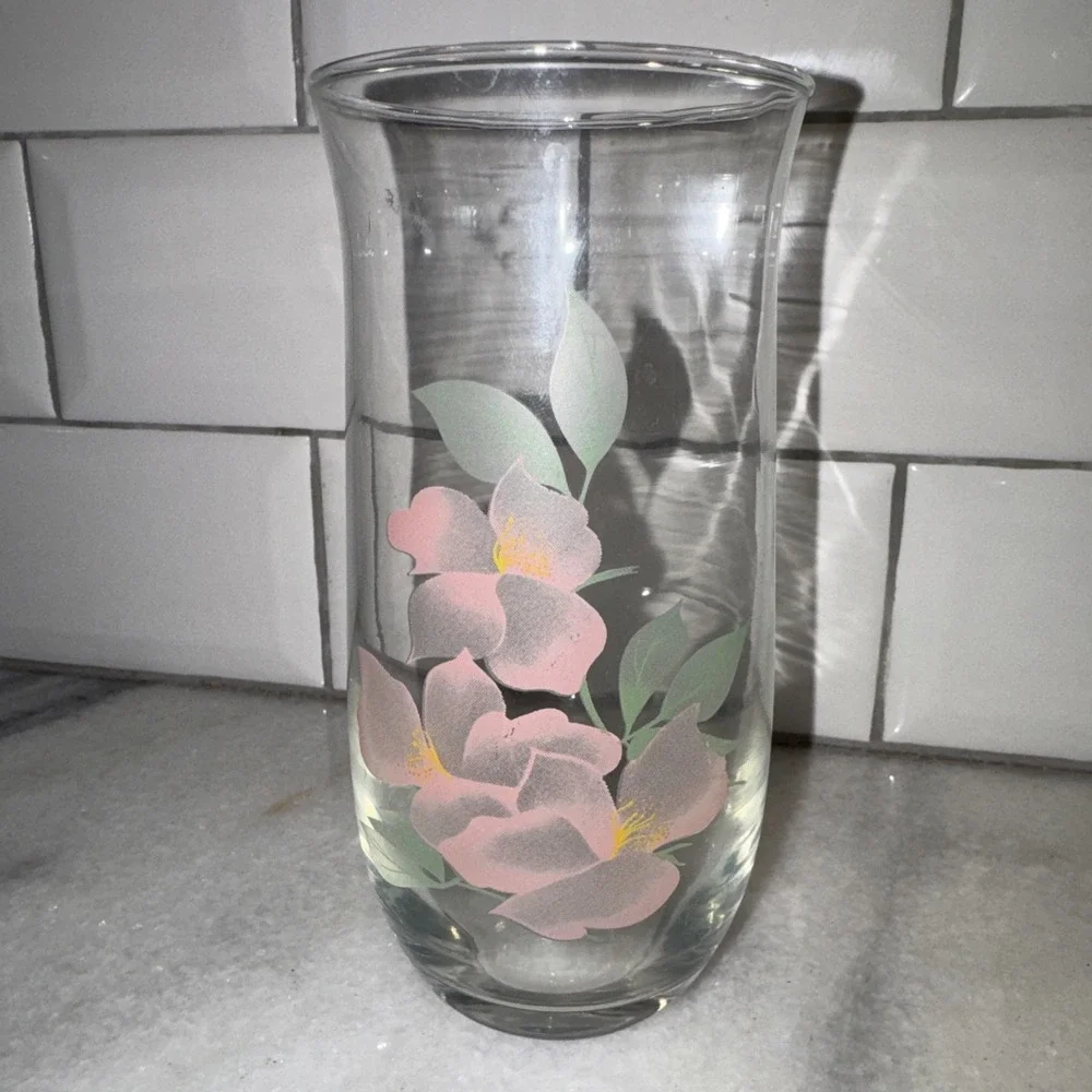 PASABAHCE TURKISH Glass Ice Lip Pitcher and 6 Glasses Pink FlowerMotif GW999 New